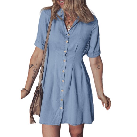 🩵 NWT Myosotis Denim Pleated Slim Waist Shirt Dress – Size L - Picture 1 of 9